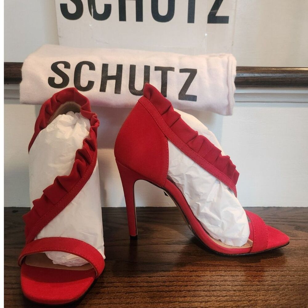 NEW Schutz Aimme Red Suede Ruffle Stiletto Heels Sandals Size 7- $220 MSRP